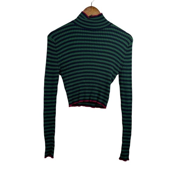 Ronny Kobo M Green & Black Striped Ribbed‎ Crop Turtleneck Sweater Punk Retro - Picture 1 of 10